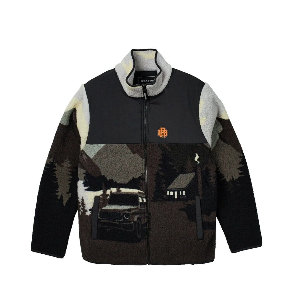 Reason Men's Black Gray Allover Print Mountain Pattern Fleece Jacket Size M
